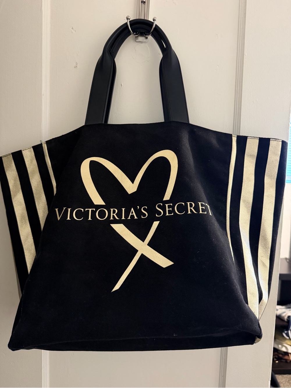 Victoria's Secret Black Tote with Gold Logo and Striped Sides